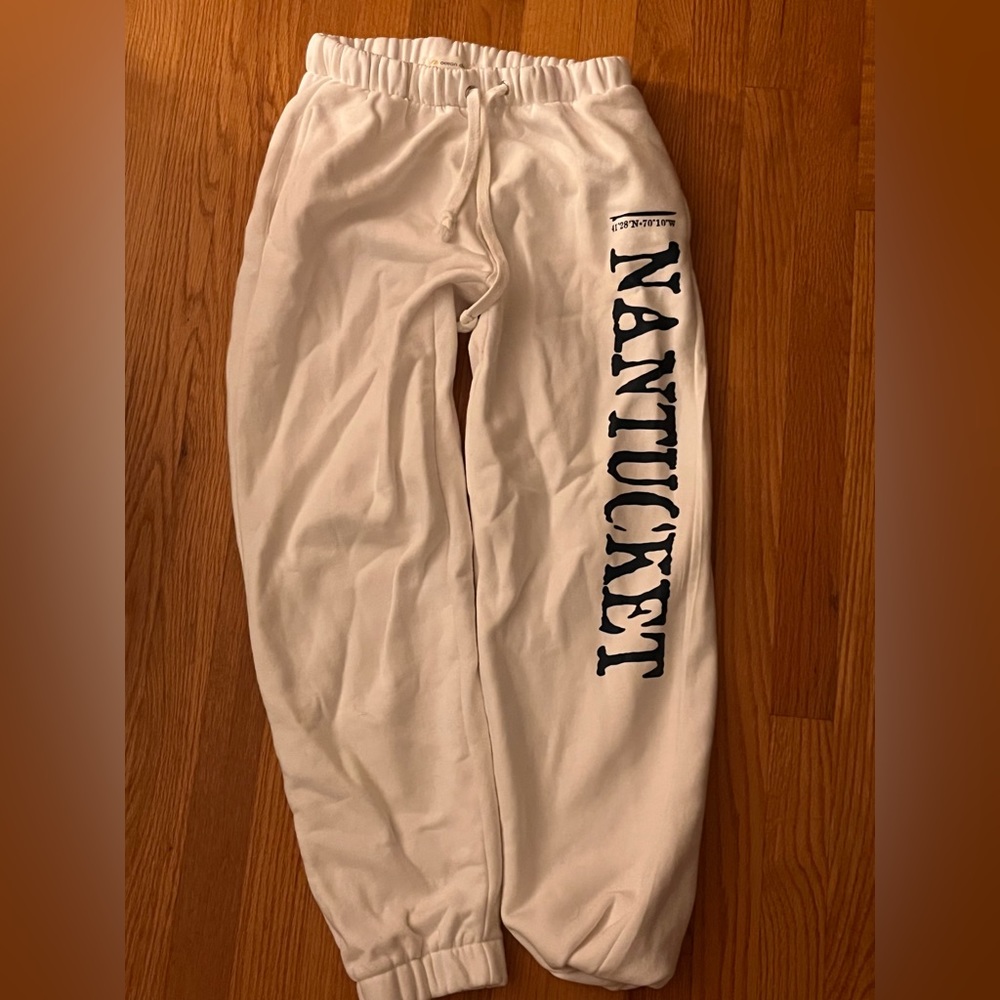 White Sweatpants that say Nantucket on the front